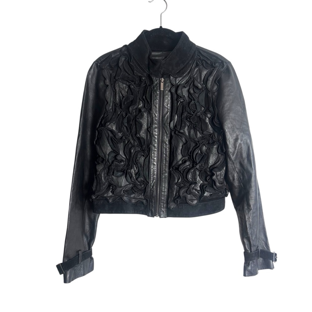 🌟 BEBE Black Leather & Suede Ruffle Moto Jacket 🌟